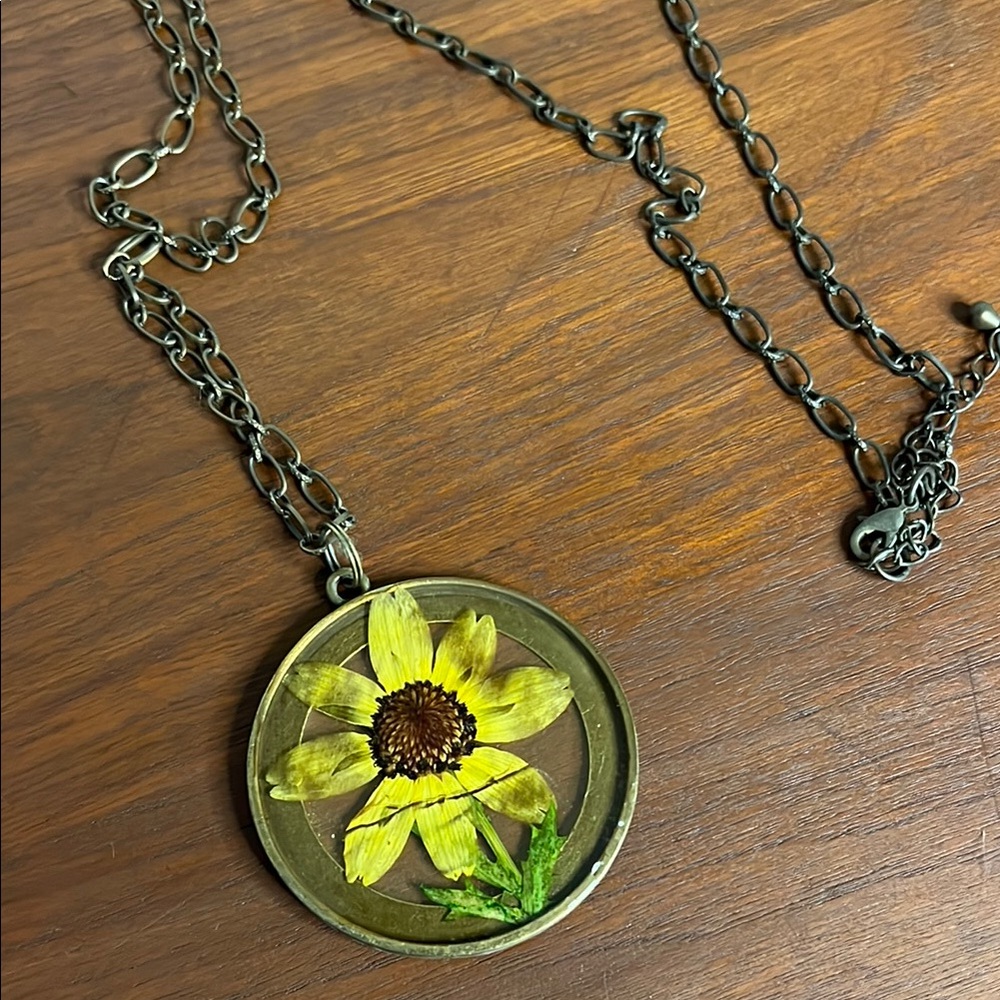 Pressed Sunflower Pendant Necklace with Aged Gold Chain